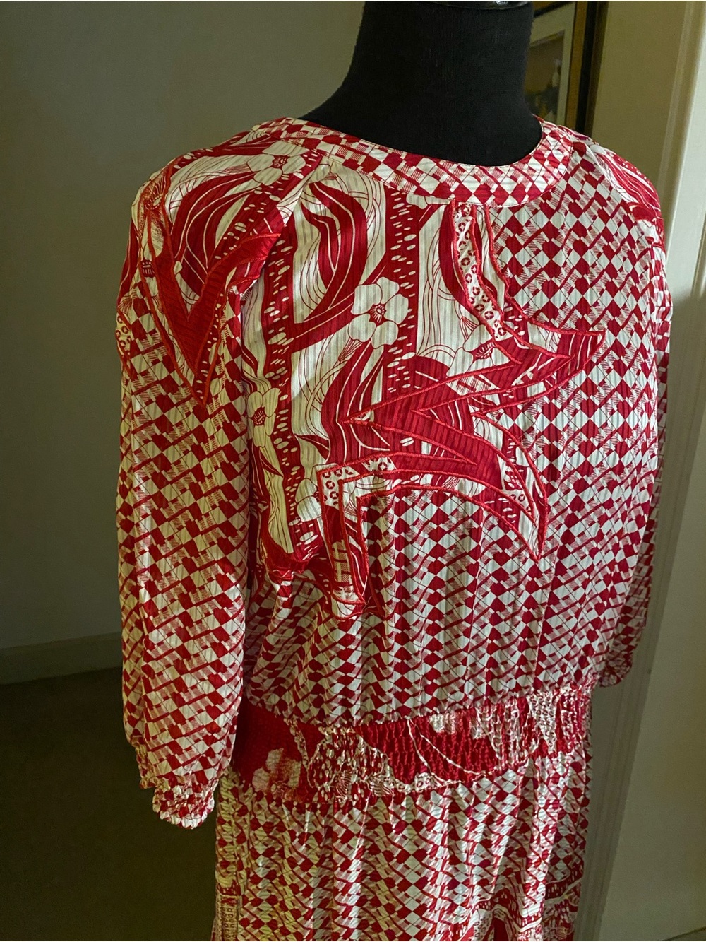 MAYEELOK, Red, White, Embroidered, Pleated Dress